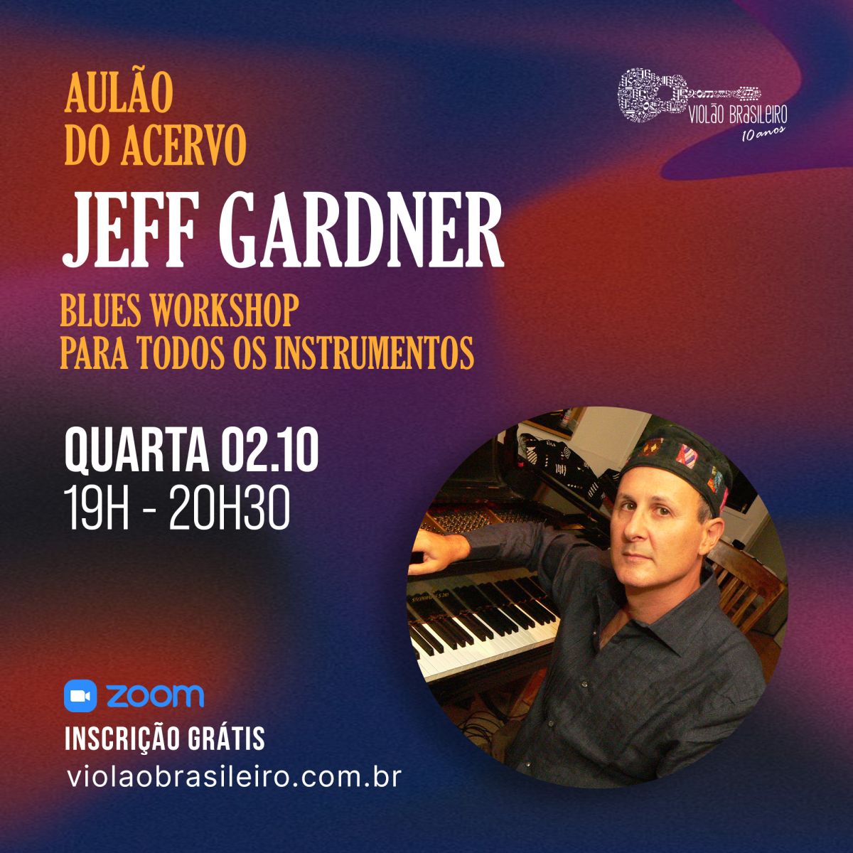 Pianista norte-americano Jeff Gardner dará aula grátis sobre Blues produzida pelo Acervo